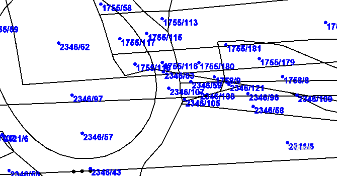 Parcela st. 2346/107 v KÚ Nýřany, Katastrální mapa