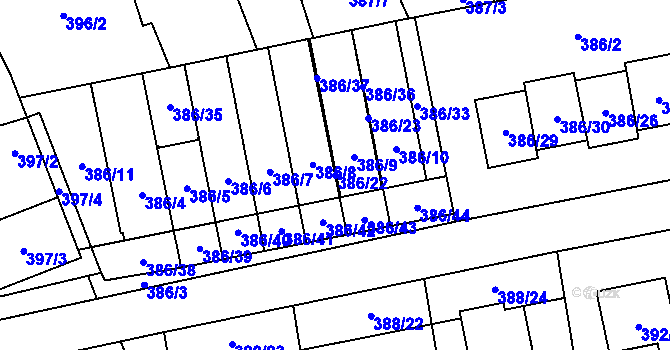 Parcela st. 386/22 v KÚ Oblekovice, Katastrální mapa