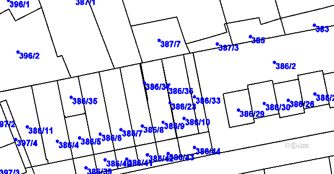 Parcela st. 386/36 v KÚ Oblekovice, Katastrální mapa