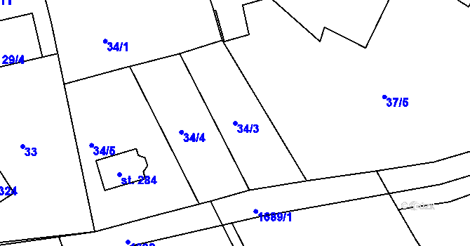 Parcela st. 34/3 v KÚ Obora u Kaznějova, Katastrální mapa