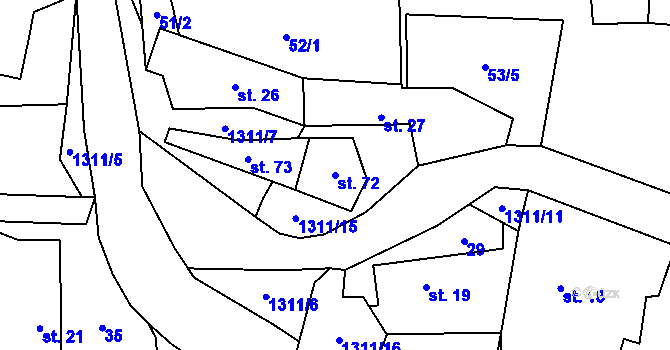 Parcela st. 72 v KÚ Obory, Katastrální mapa