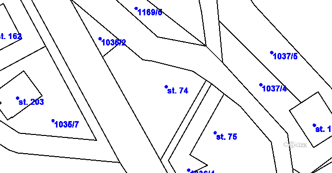Parcela st. 74 v KÚ Obory, Katastrální mapa