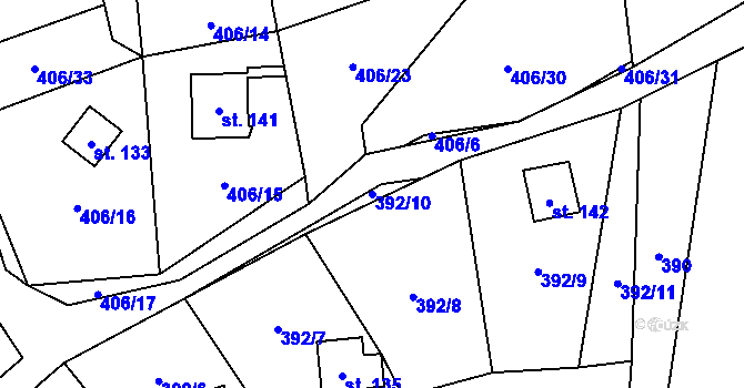 Parcela st. 392/10 v KÚ Obory, Katastrální mapa