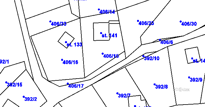 Parcela st. 406/15 v KÚ Obory, Katastrální mapa