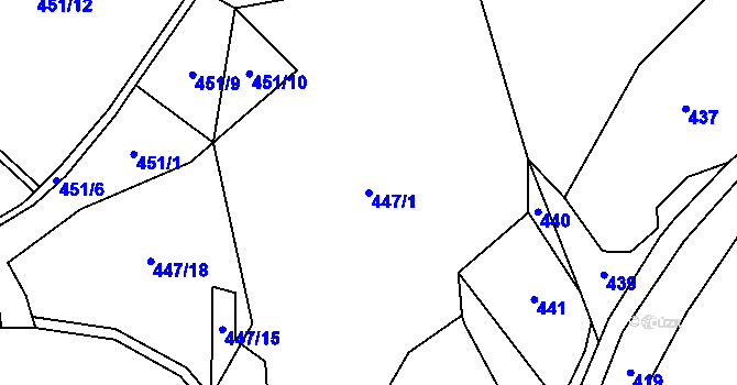 Parcela st. 447/1 v KÚ Obory, Katastrální mapa