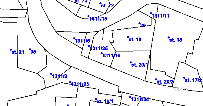 Parcela st. 1311/16 v KÚ Obory, Katastrální mapa