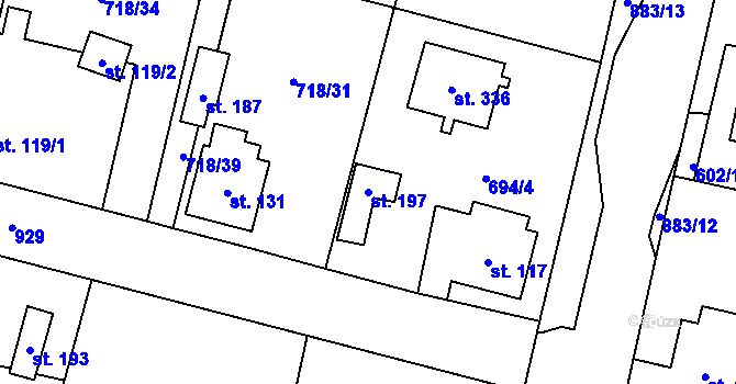 Parcela st. 197 v KÚ Obořiště, Katastrální mapa