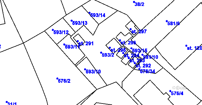 Parcela st. 593/2 v KÚ Obořiště, Katastrální mapa