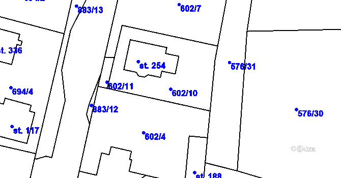 Parcela st. 602/10 v KÚ Obořiště, Katastrální mapa