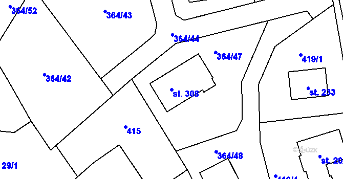 Parcela st. 308 v KÚ Obořiště, Katastrální mapa