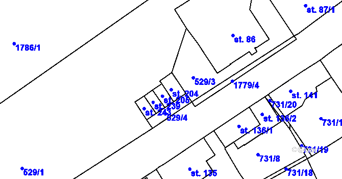 Parcela st. 204 v KÚ Obrataň, Katastrální mapa