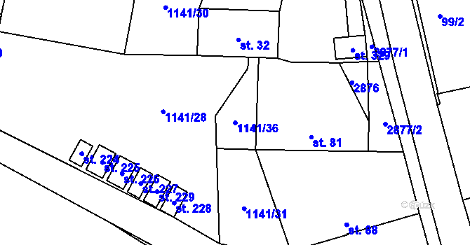 Parcela st. 1141/36 v KÚ Obrataň, Katastrální mapa