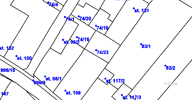Parcela st. 74/23 v KÚ Obrnice, Katastrální mapa
