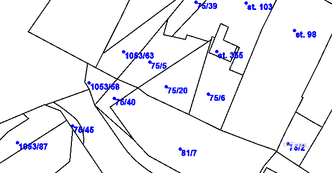 Parcela st. 75/20 v KÚ Obrnice, Katastrální mapa