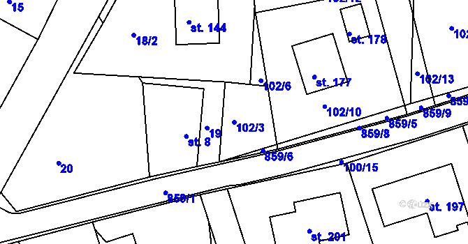 Parcela st. 102/3 v KÚ Obrubce, Katastrální mapa