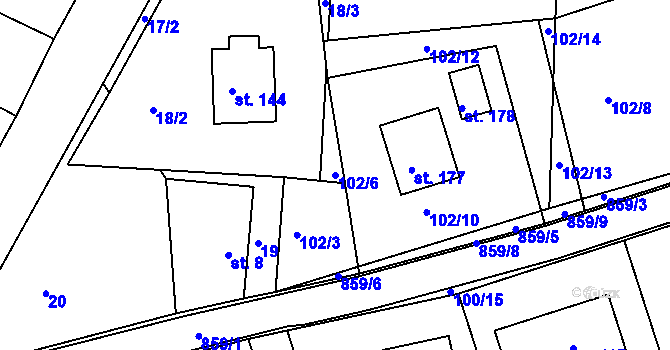 Parcela st. 102/6 v KÚ Obrubce, Katastrální mapa