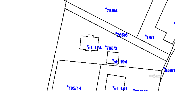 Parcela st. 174 v KÚ Obrubce, Katastrální mapa