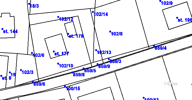 Parcela st. 102/13 v KÚ Obrubce, Katastrální mapa