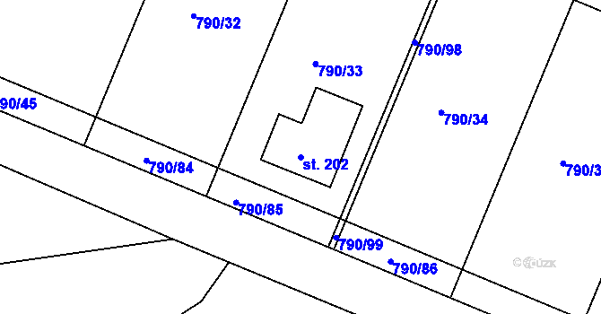 Parcela st. 202 v KÚ Obrubce, Katastrální mapa