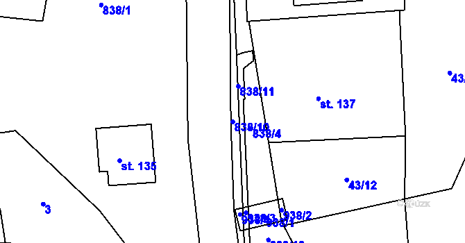 Parcela st. 838/10 v KÚ Obrubce, Katastrální mapa