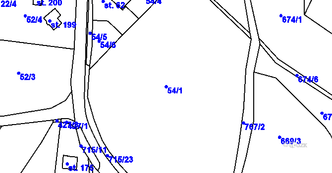 Parcela st. 54/1 v KÚ Obruby, Katastrální mapa
