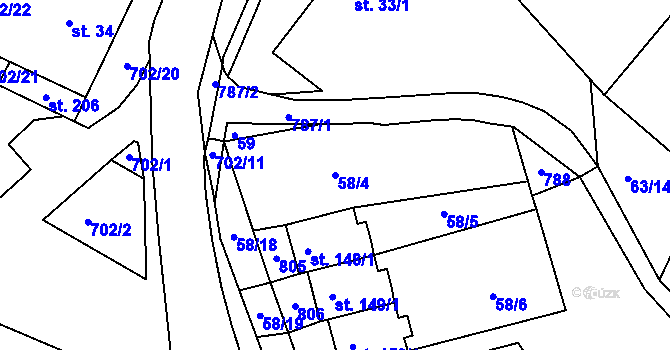 Parcela st. 58/4 v KÚ Obruby, Katastrální mapa