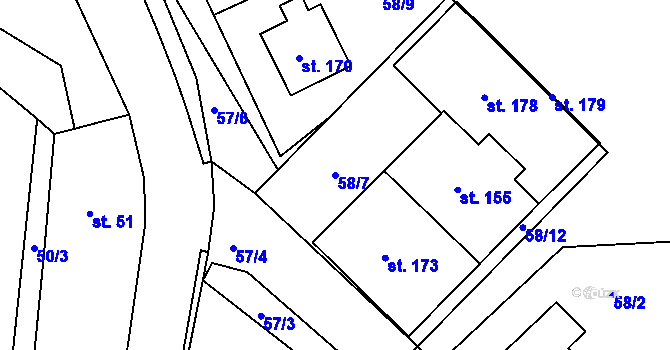 Parcela st. 58/7 v KÚ Obruby, Katastrální mapa