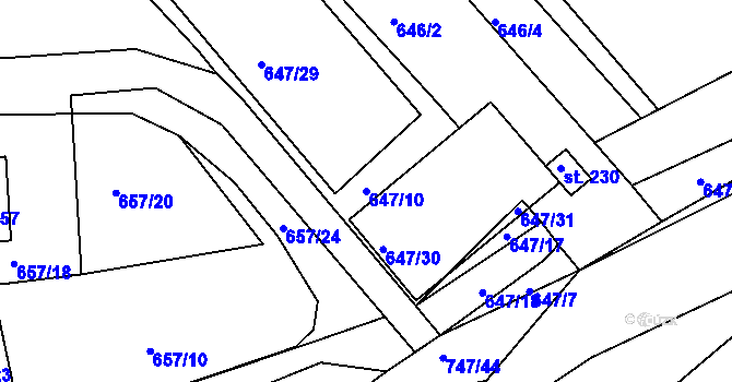 Parcela st. 647/10 v KÚ Obruby, Katastrální mapa
