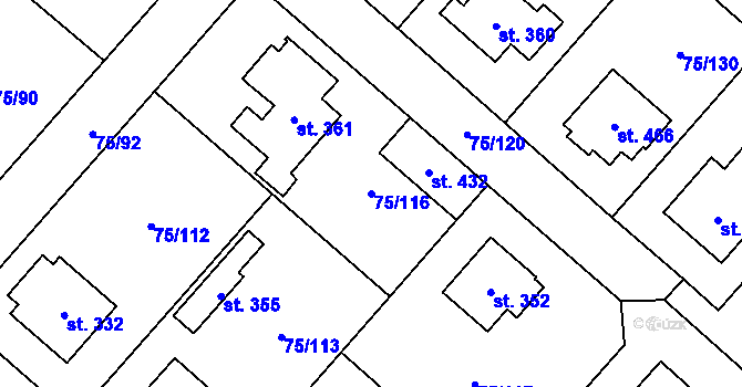 Parcela st. 75/116 v KÚ Obříství, Katastrální mapa