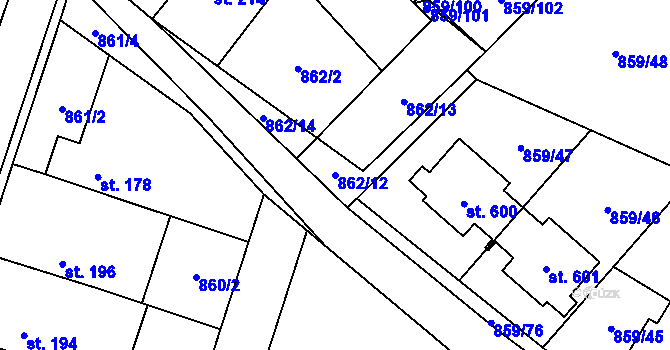 Parcela st. 862/12 v KÚ Obříství, Katastrální mapa