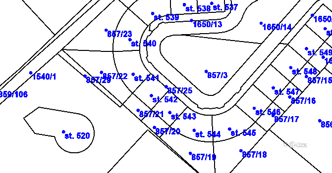 Parcela st. 857/25 v KÚ Obříství, Katastrální mapa