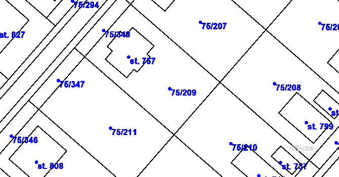 Parcela st. 75/209 v KÚ Obříství, Katastrální mapa