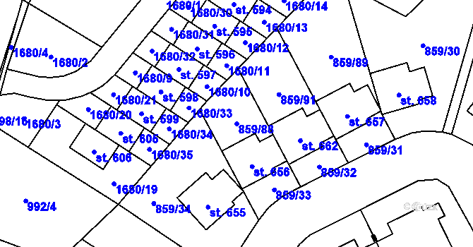 Parcela st. 859/88 v KÚ Obříství, Katastrální mapa