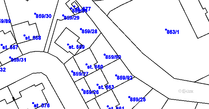 Parcela st. 859/90 v KÚ Obříství, Katastrální mapa