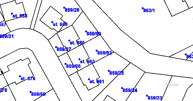 Parcela st. 859/92 v KÚ Obříství, Katastrální mapa