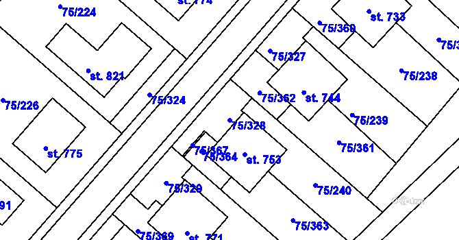Parcela st. 75/328 v KÚ Obříství, Katastrální mapa