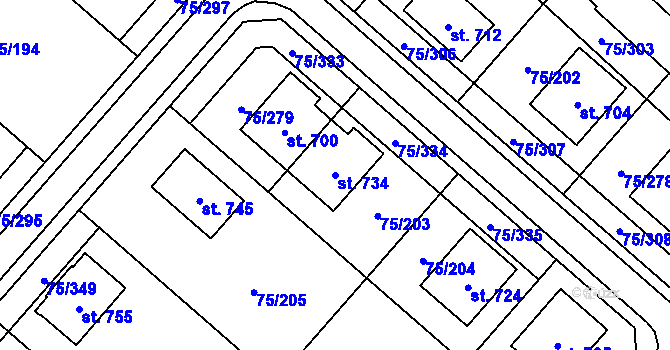 Parcela st. 734 v KÚ Obříství, Katastrální mapa