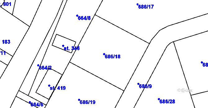 Parcela st. 686/18 v KÚ Obříství, Katastrální mapa