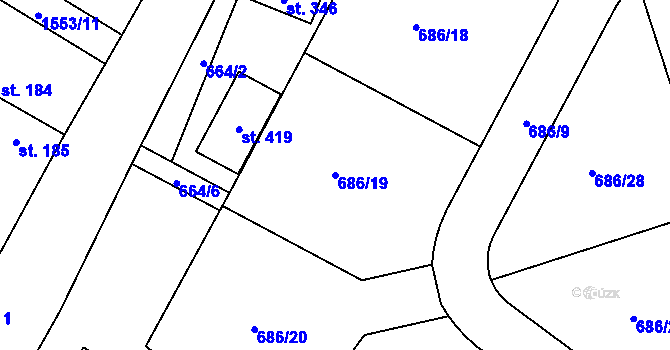 Parcela st. 686/19 v KÚ Obříství, Katastrální mapa