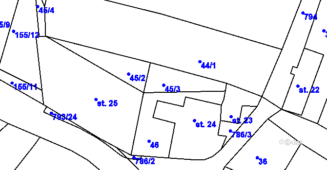 Parcela st. 45/3 v KÚ Habartice u Obytců, Katastrální mapa