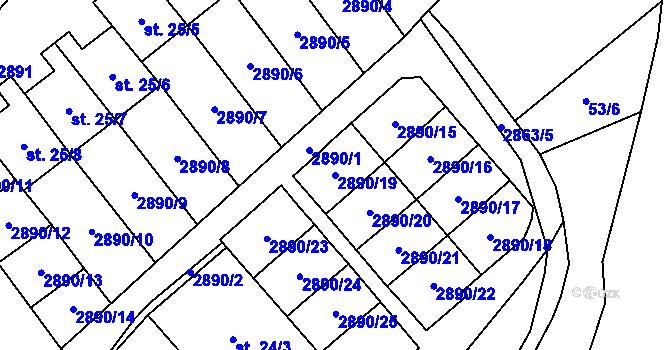 Parcela st. 2890/19 v KÚ Očihov, Katastrální mapa