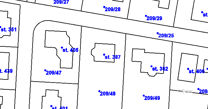 Parcela st. 387 v KÚ Dolínek, Katastrální mapa