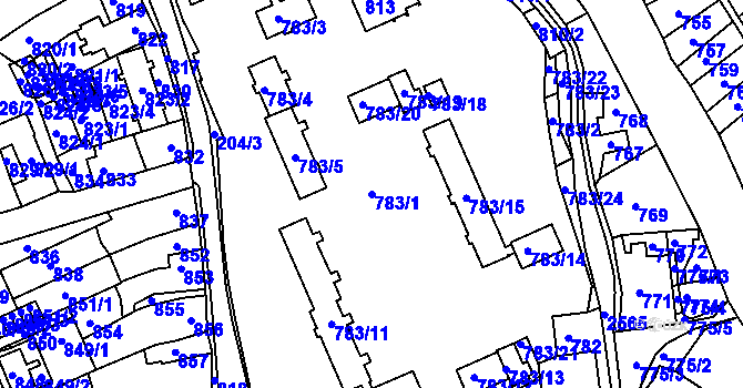 Parcela st. 783/1 v KÚ Odry, Katastrální mapa