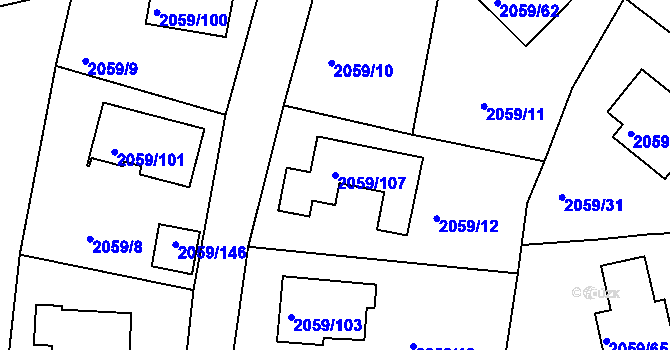 Parcela st. 2059/107 v KÚ Odry, Katastrální mapa