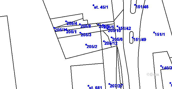 Parcela st. 205/2 v KÚ Ohrazenice, Katastrální mapa
