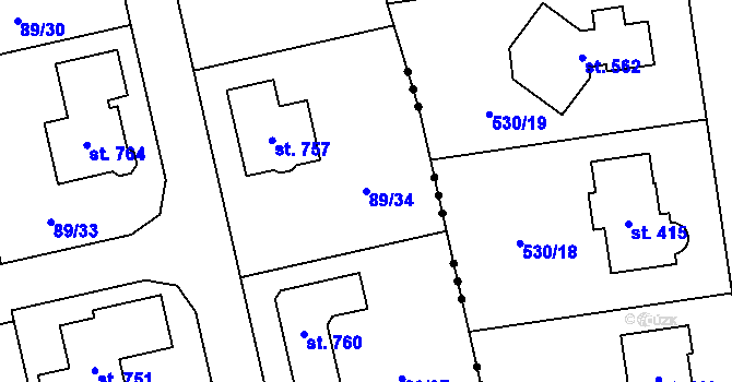 Parcela st. 89/34 v KÚ Ohrazenice, Katastrální mapa