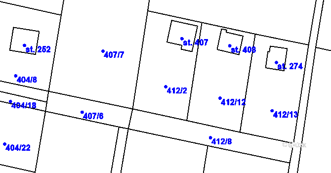 Parcela st. 412/2 v KÚ Ohrobec, Katastrální mapa