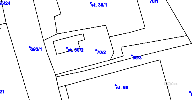 Parcela st. 70/2 v KÚ Obora v Podbezdězí, Katastrální mapa