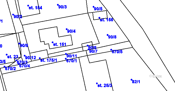 Parcela st. 90/6 v KÚ Obora v Podbezdězí, Katastrální mapa