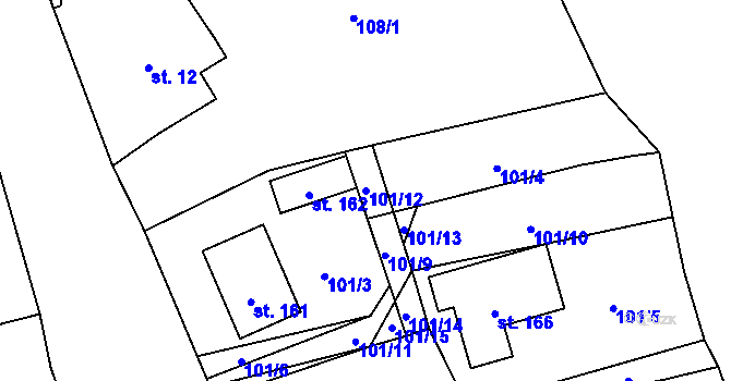Parcela st. 101/12 v KÚ Obora v Podbezdězí, Katastrální mapa